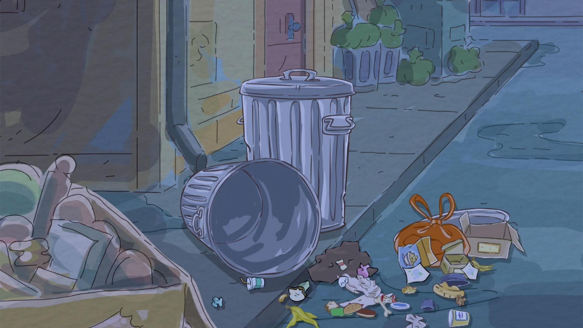 With trash cans tipping all over town, Mrs. Demson starts a crusade for a new leash law.