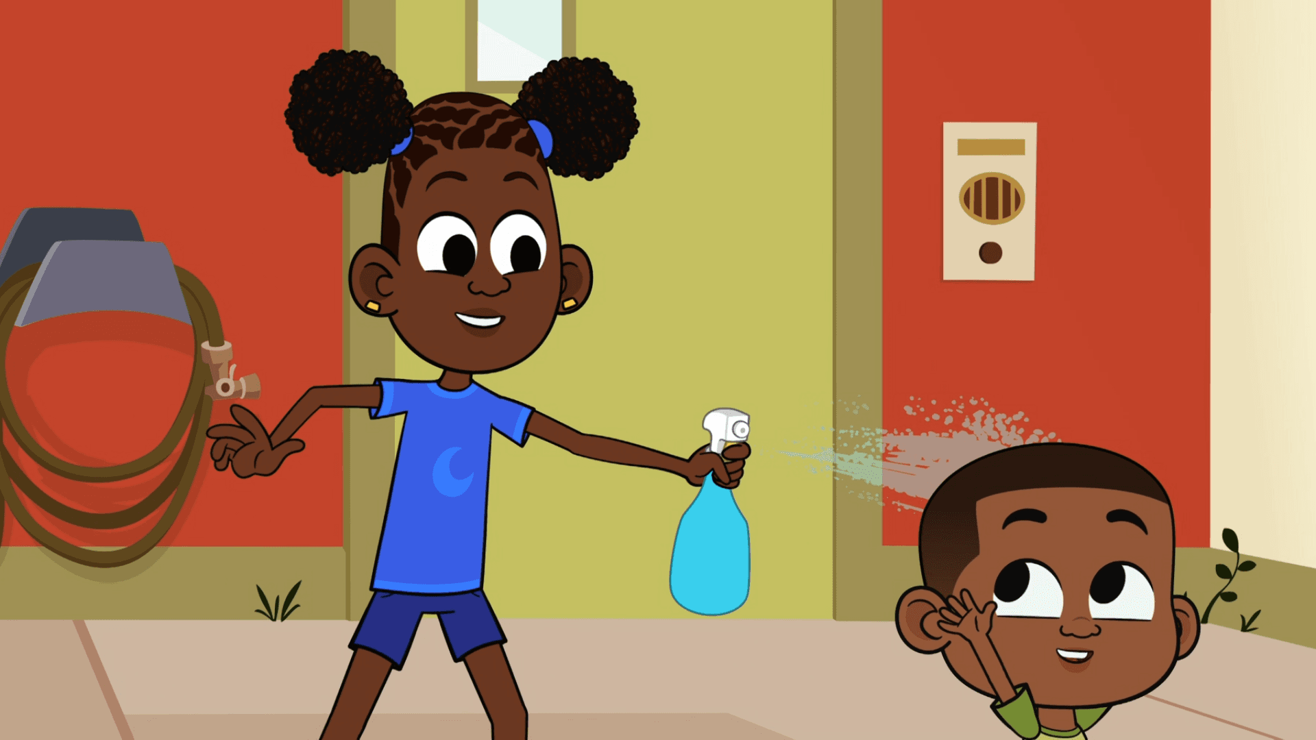 The Loops kids play tag in the back lot with a spray bottle on a hot summer day.