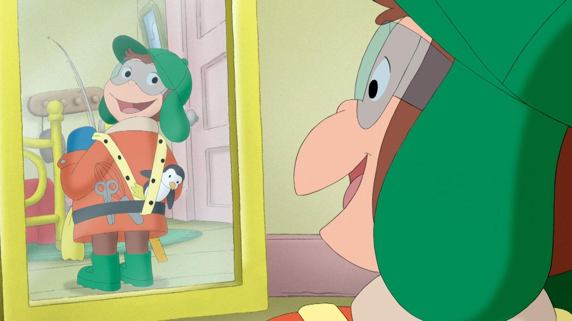 George and Betsy make a paper airplane. / George uses his tool belt to help repair things.