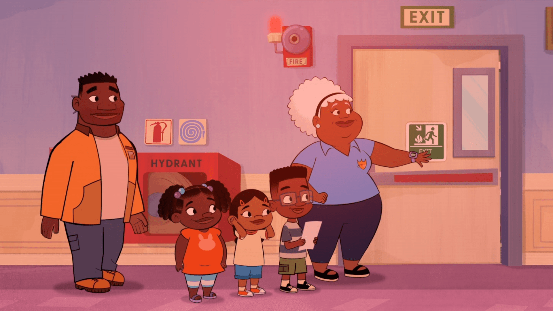 The group learn about a fire safety plan by following their list and reading the signs.