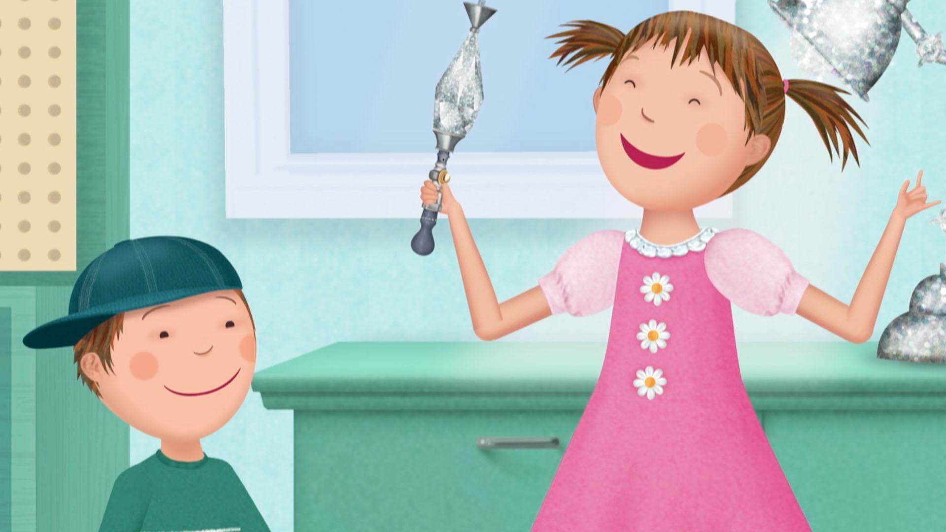 Mommy shows Pinkalicious and Peter her newest invention: the glitterizer!