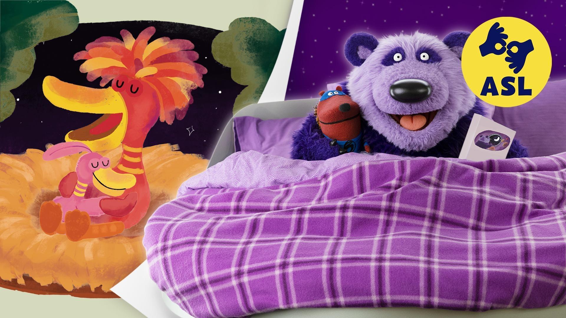 Purple Panda reads a story he wrote about his pals getting ready to say goodnight.