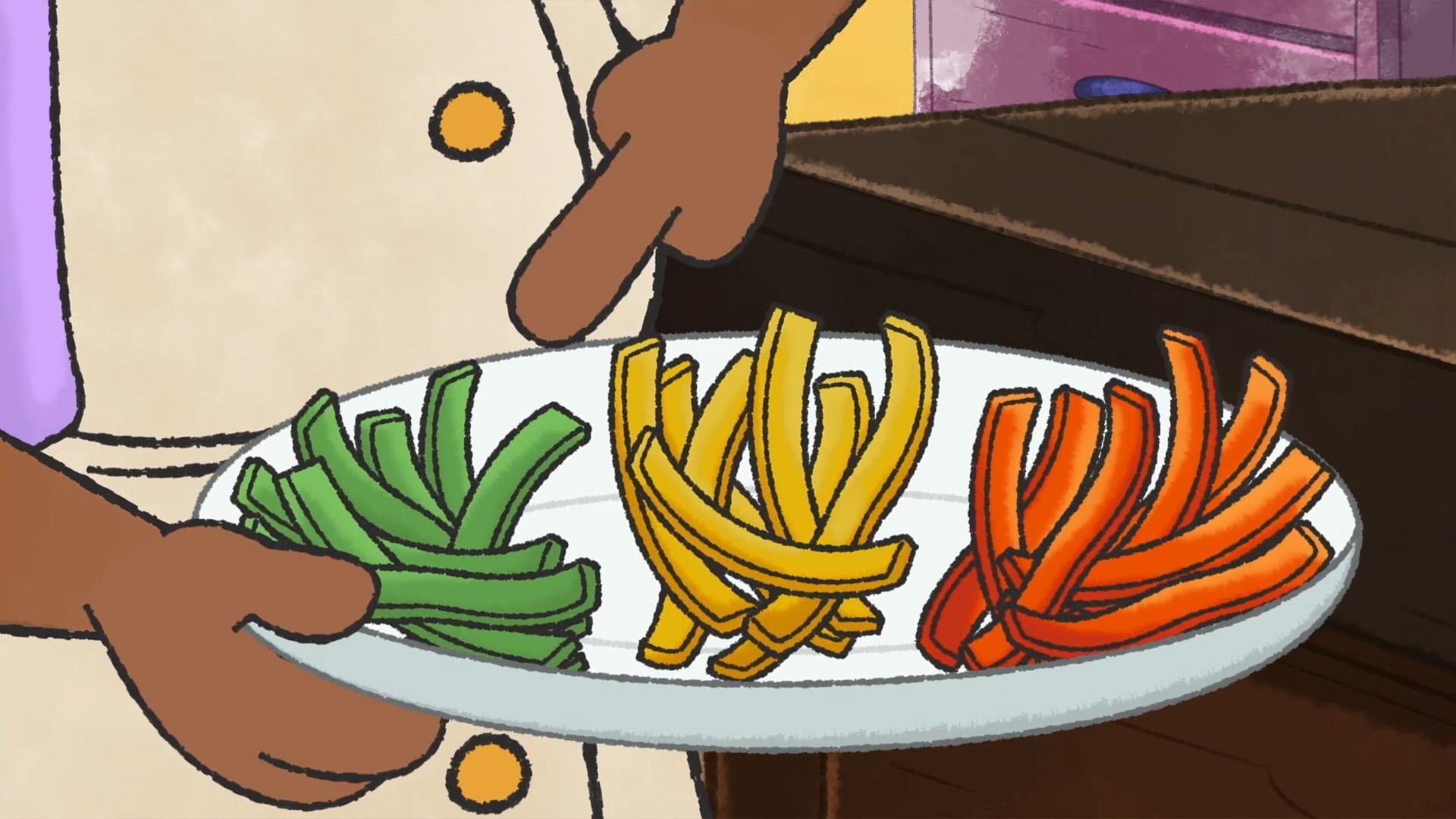 Elinor, Ari, and Olive learn about different colored varieties of the same vegetables.