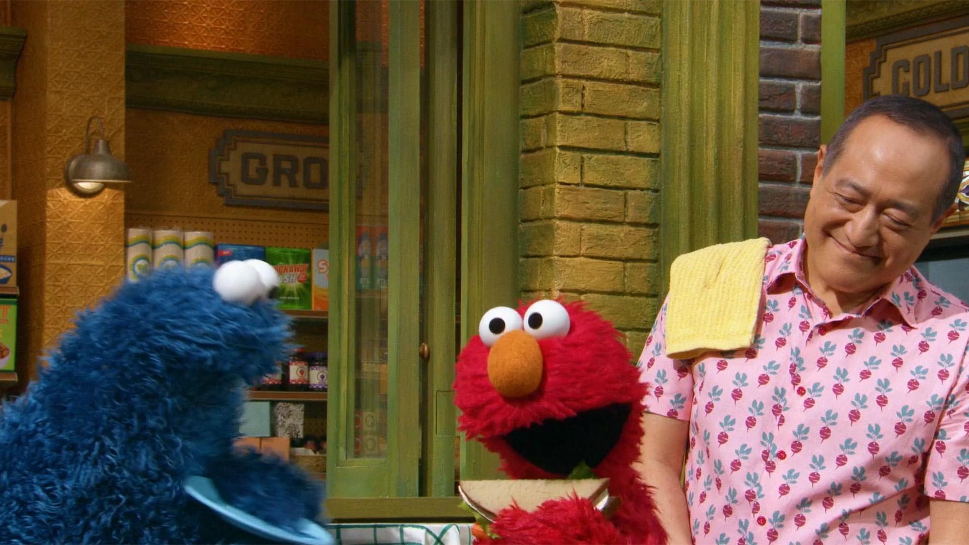 Elmo fuels up to have energy to finally finish the race.