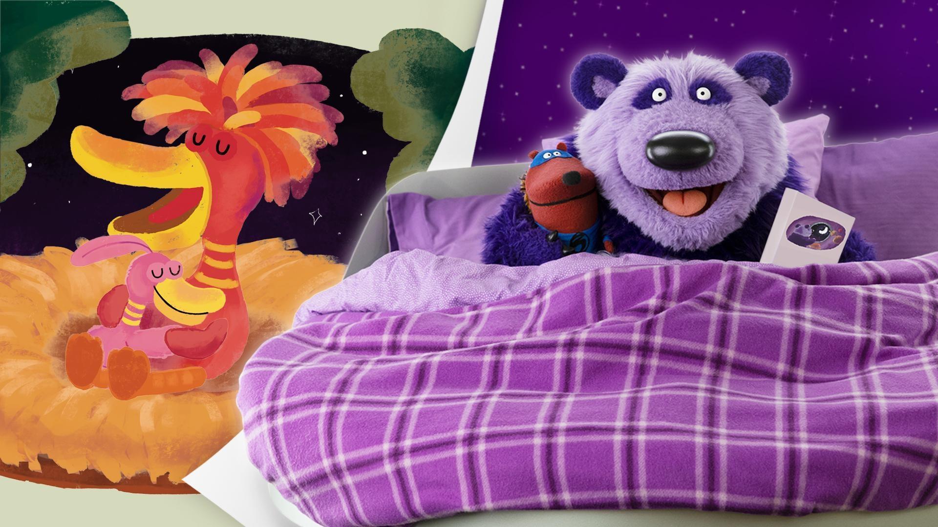 Purple Panda reads a story he wrote about his pals getting ready to say goodnight.