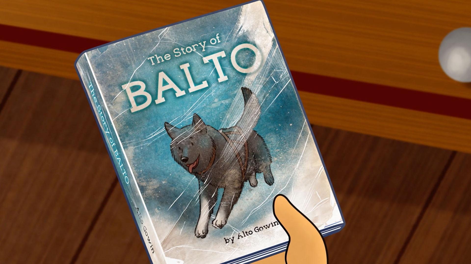 Tooey reads Molly the story of Balto, a heroic sled dog.