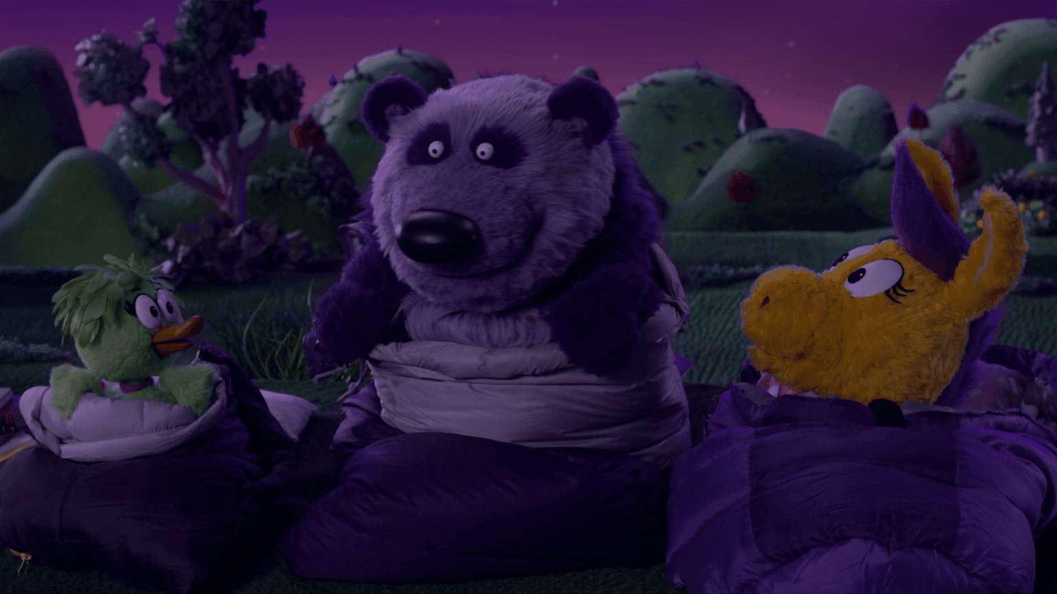 Panda shares a Planet Purple sleep-out tradition: telling TOAST stories.