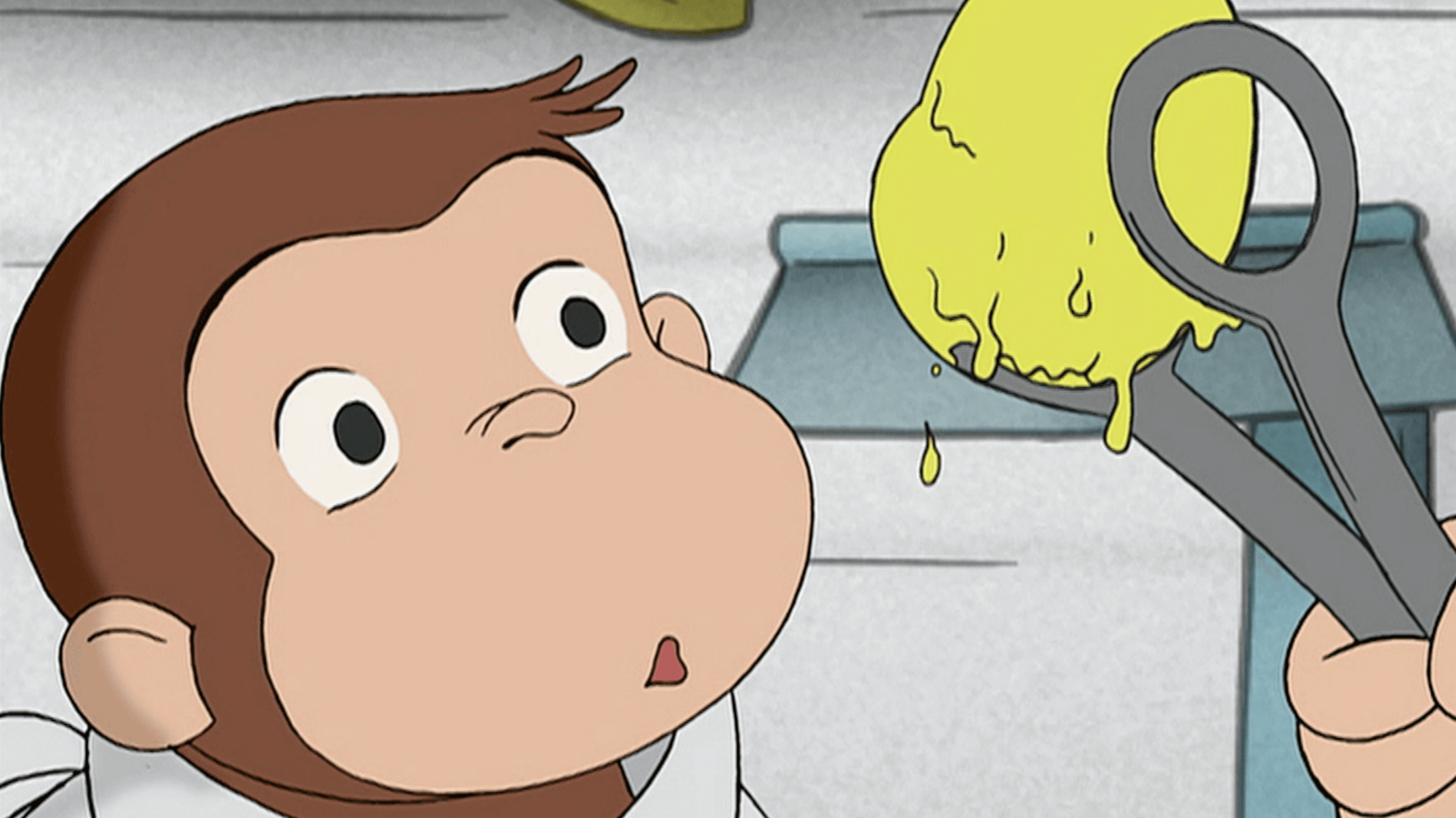 George dyes eggs and learns about mixing red, blue, and yellow.