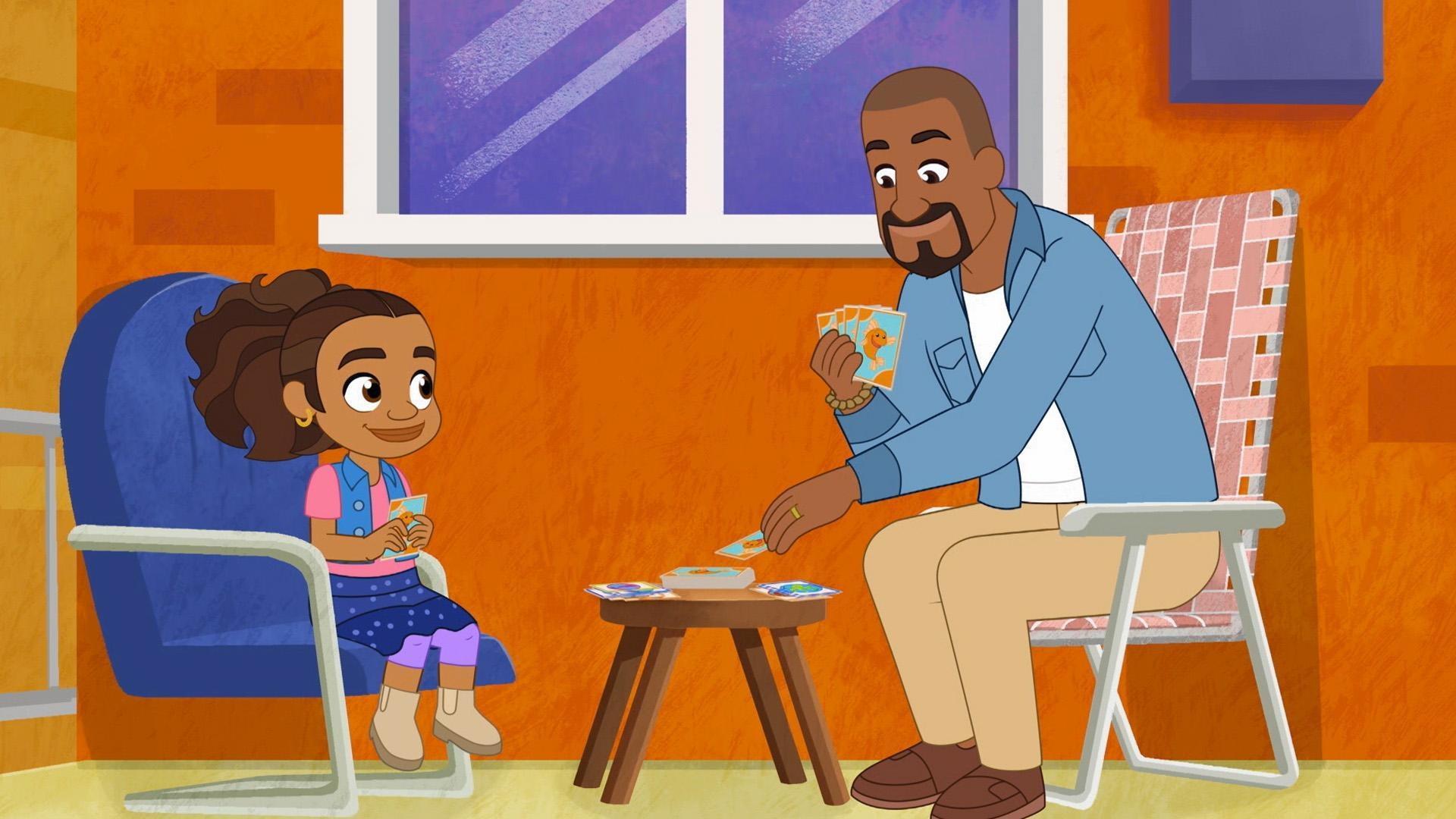 Alma plays Go Fish with Papi.