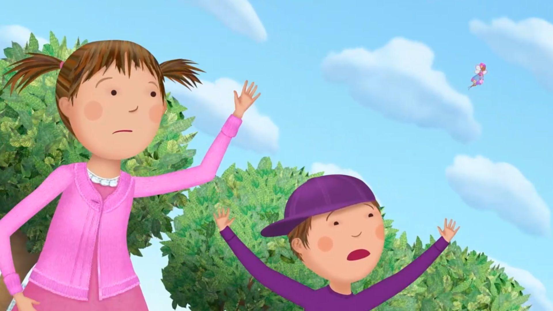 Pinkalicious and her friends search for her lost button, guided by a helpful fairy.