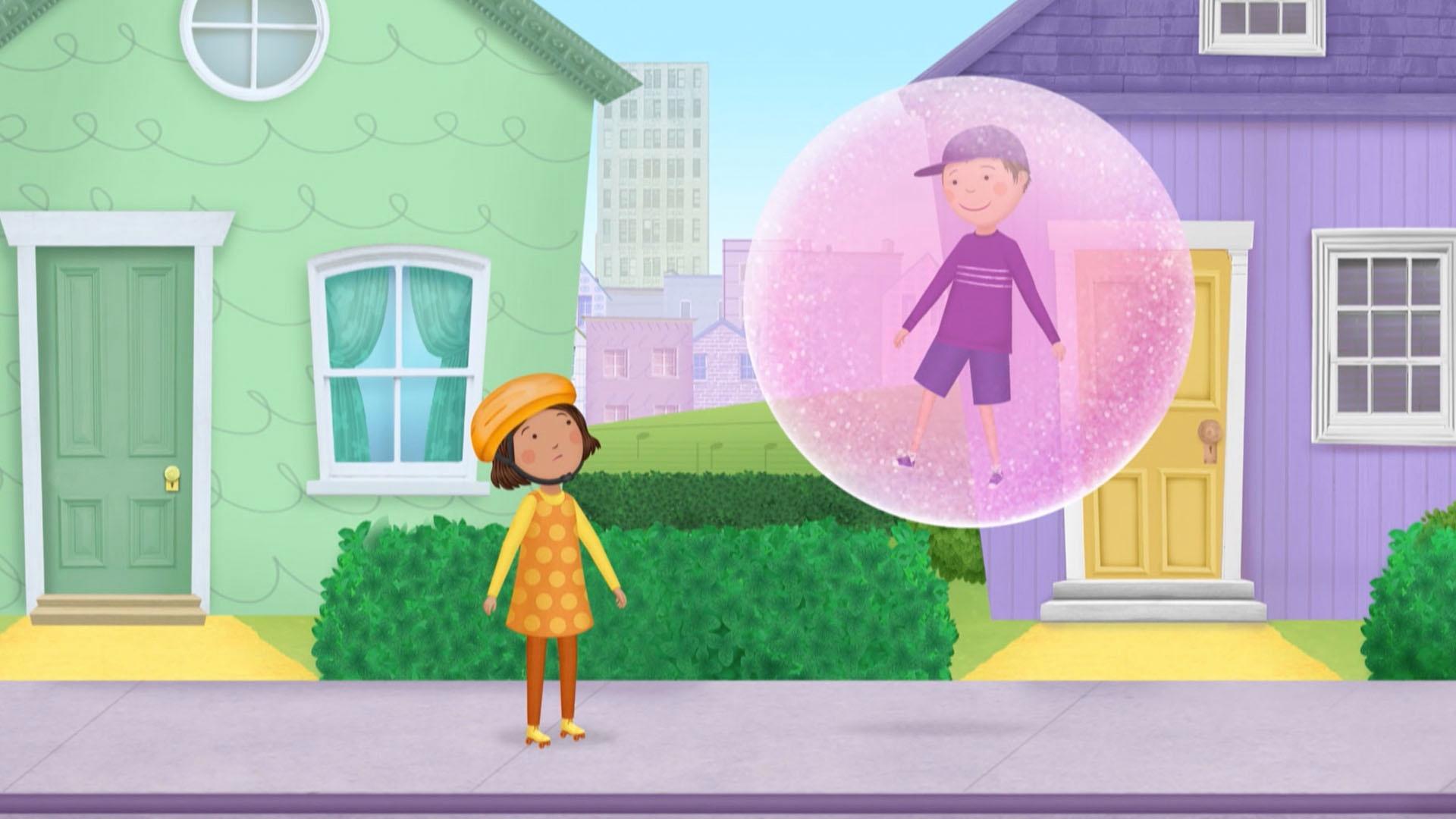 Pinkalicious and her friends chase Peter and his bubble around Pinkville.