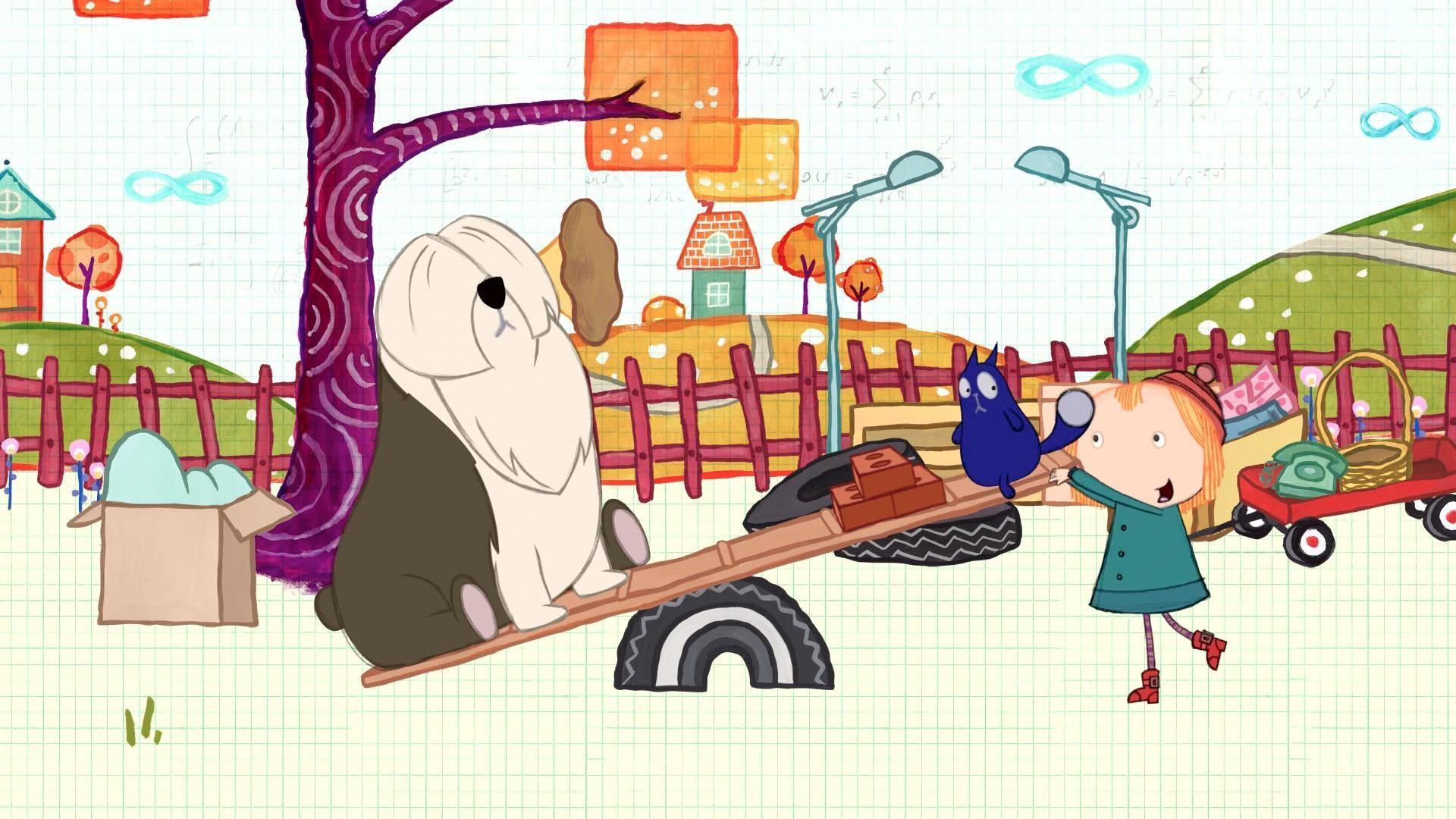 Peg and Cat ride a see-saw with Big Dog.