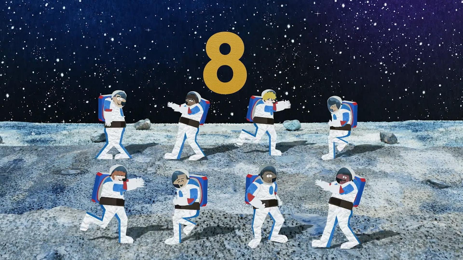 8 astronauts are on a mission to the moon, with 8 craters.
