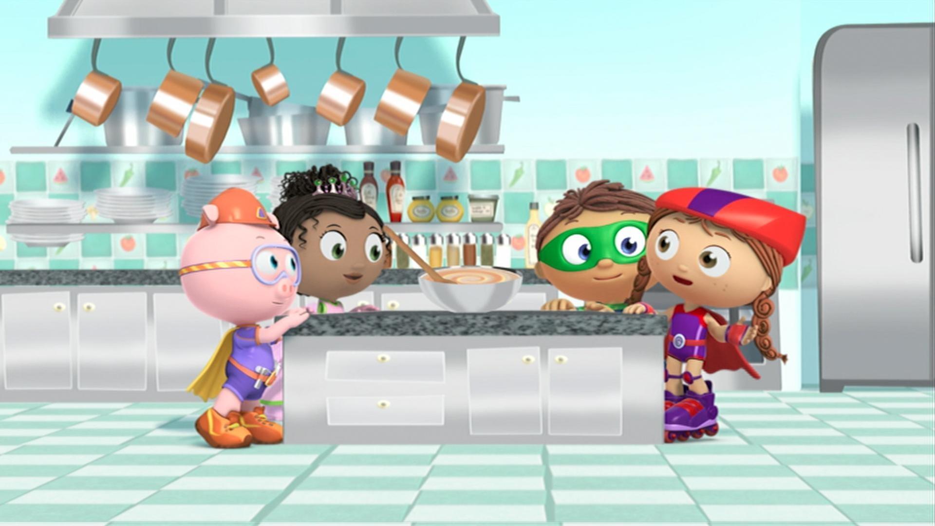The Super Readers fly into a cookbook to get the ingredients they need for a special cake.