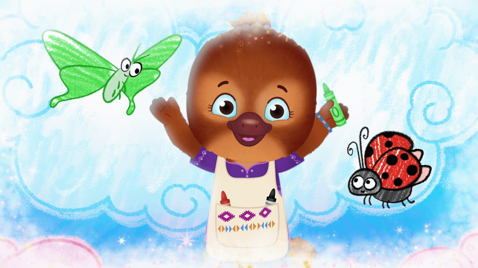 Jodi imagines she is drawing bugs and clouds in the sky with her crayons!