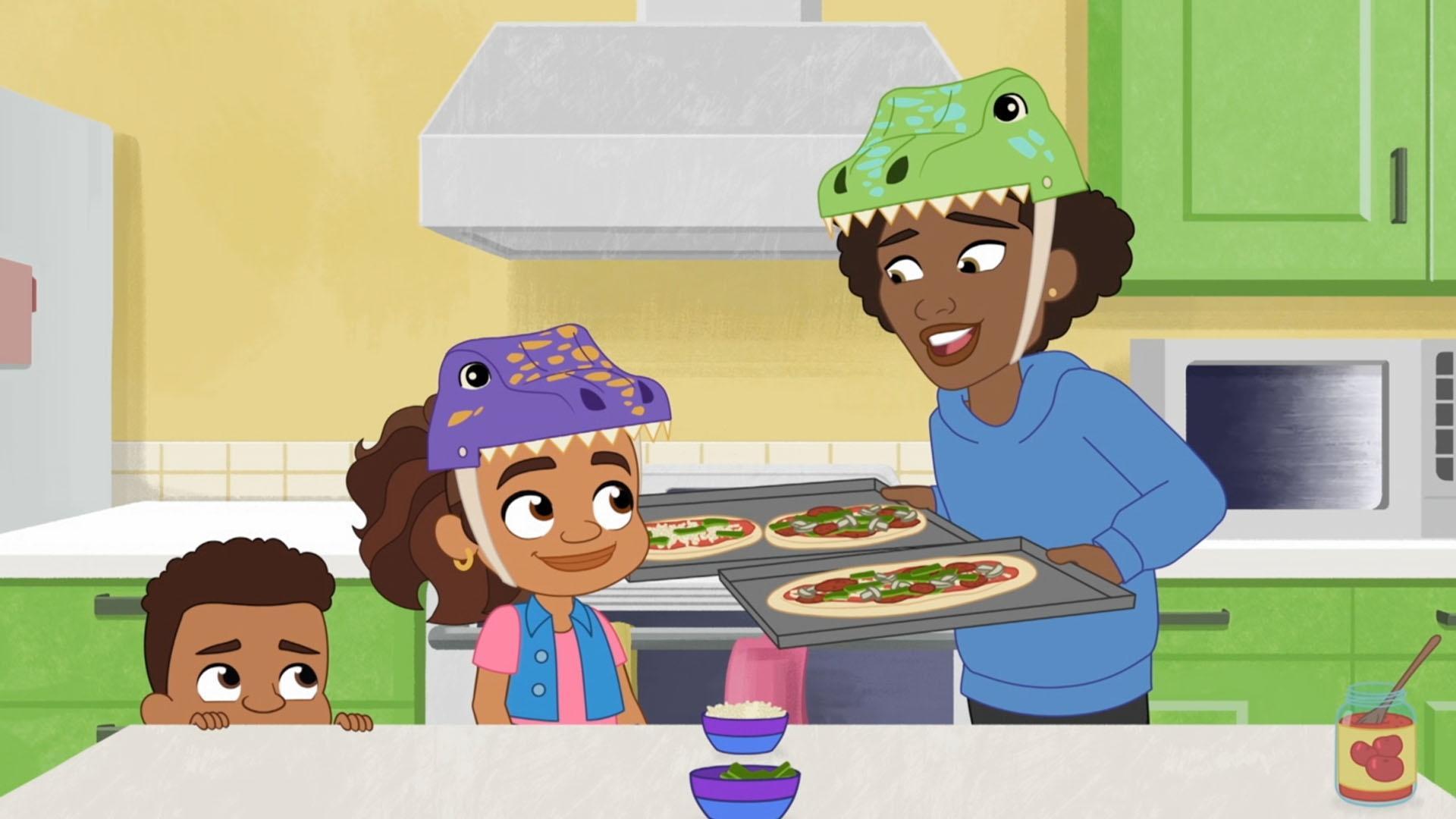 Alma and kid-sitter, JaVon, make Pizza.  Junior is feeling shy.
