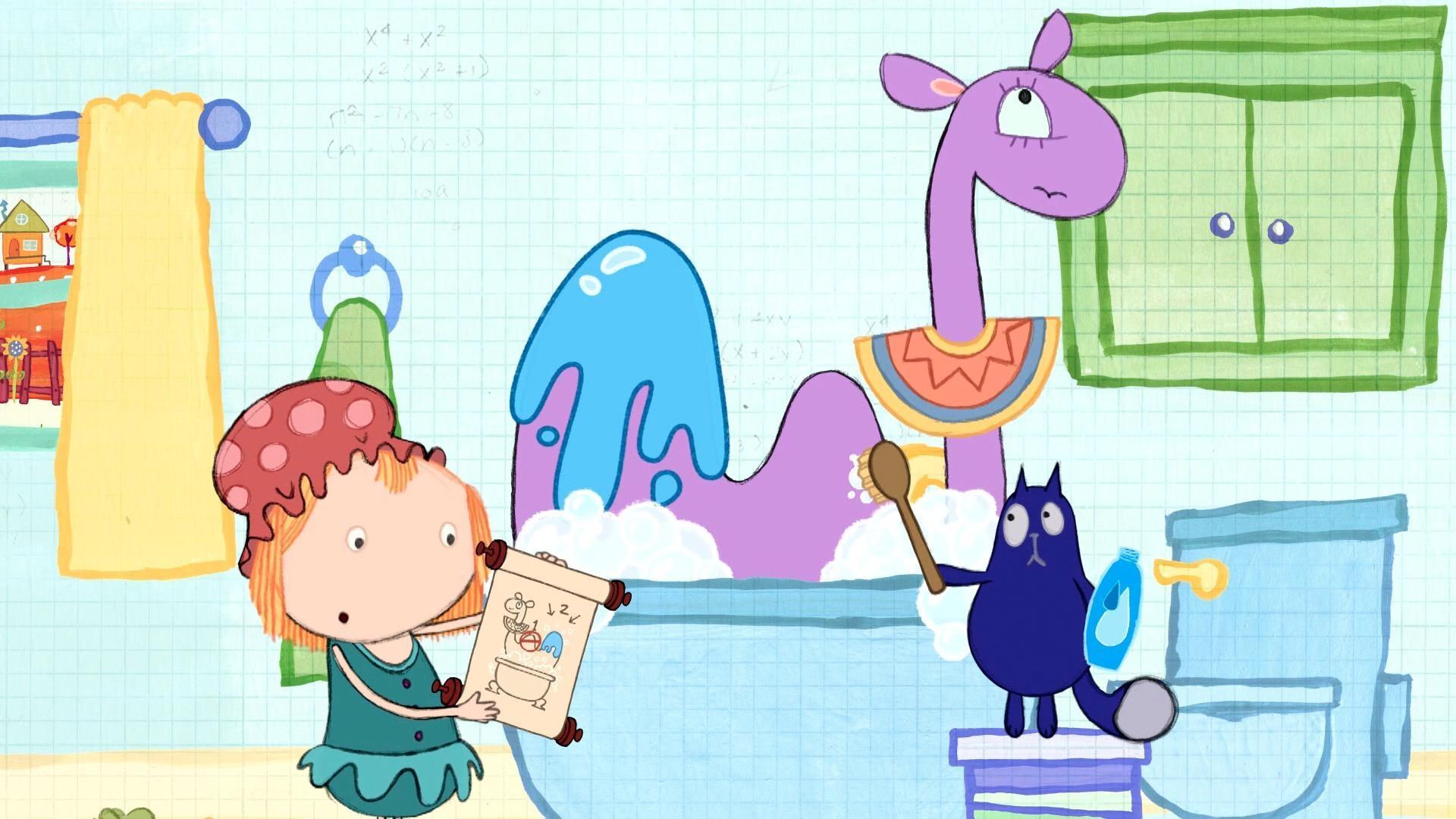 Peg and Cat wash Cleopatra's camel in the bath.