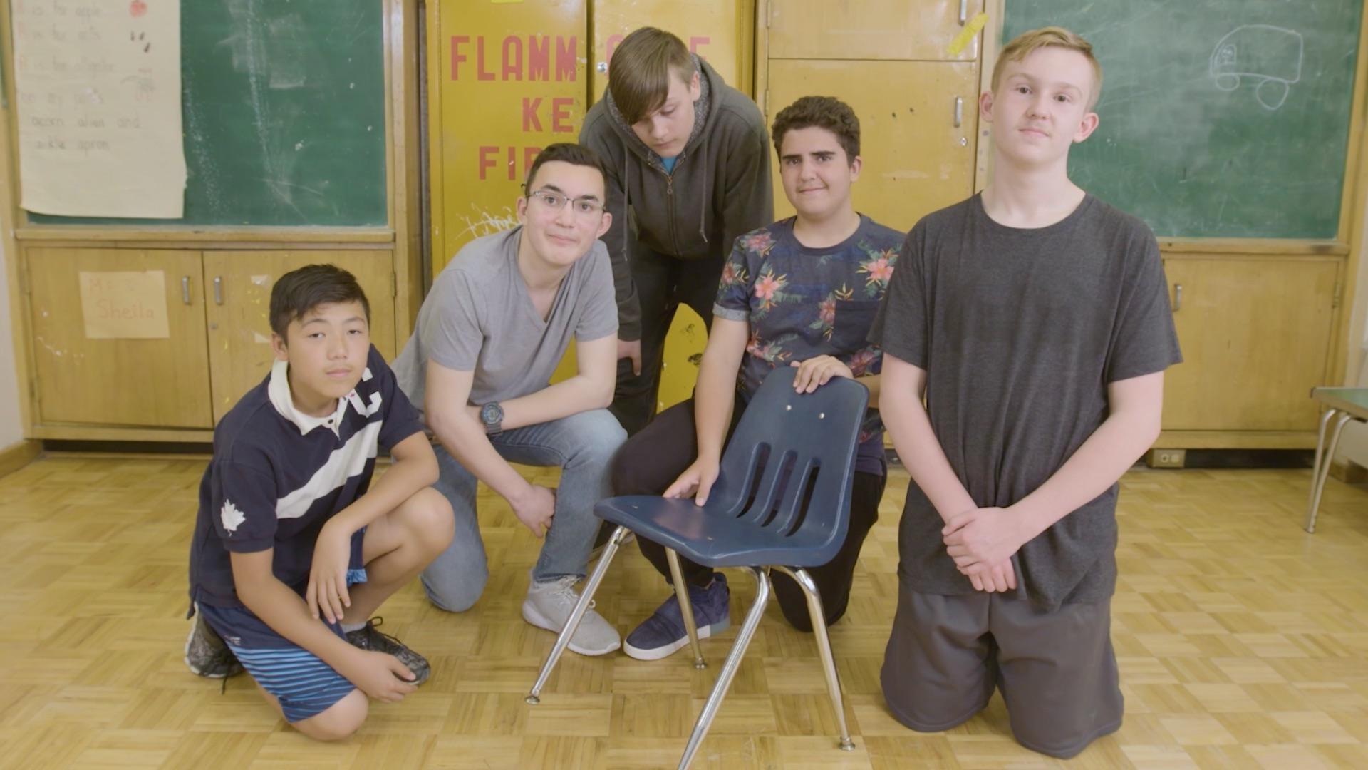 Watch kid engineers design a way to keep classroom chairs from tipping and falling.