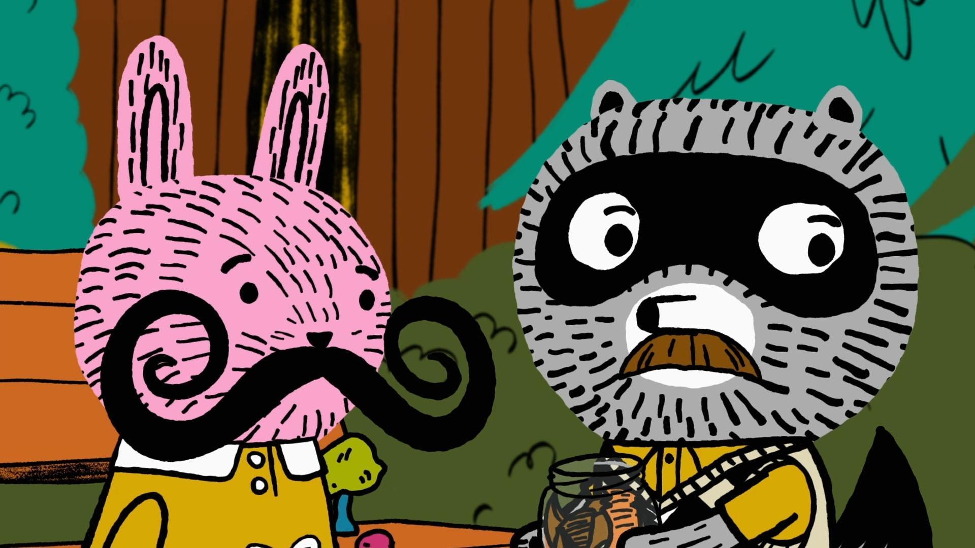 Arugula tries on several mustaches from Carl’s fake mustache collection.