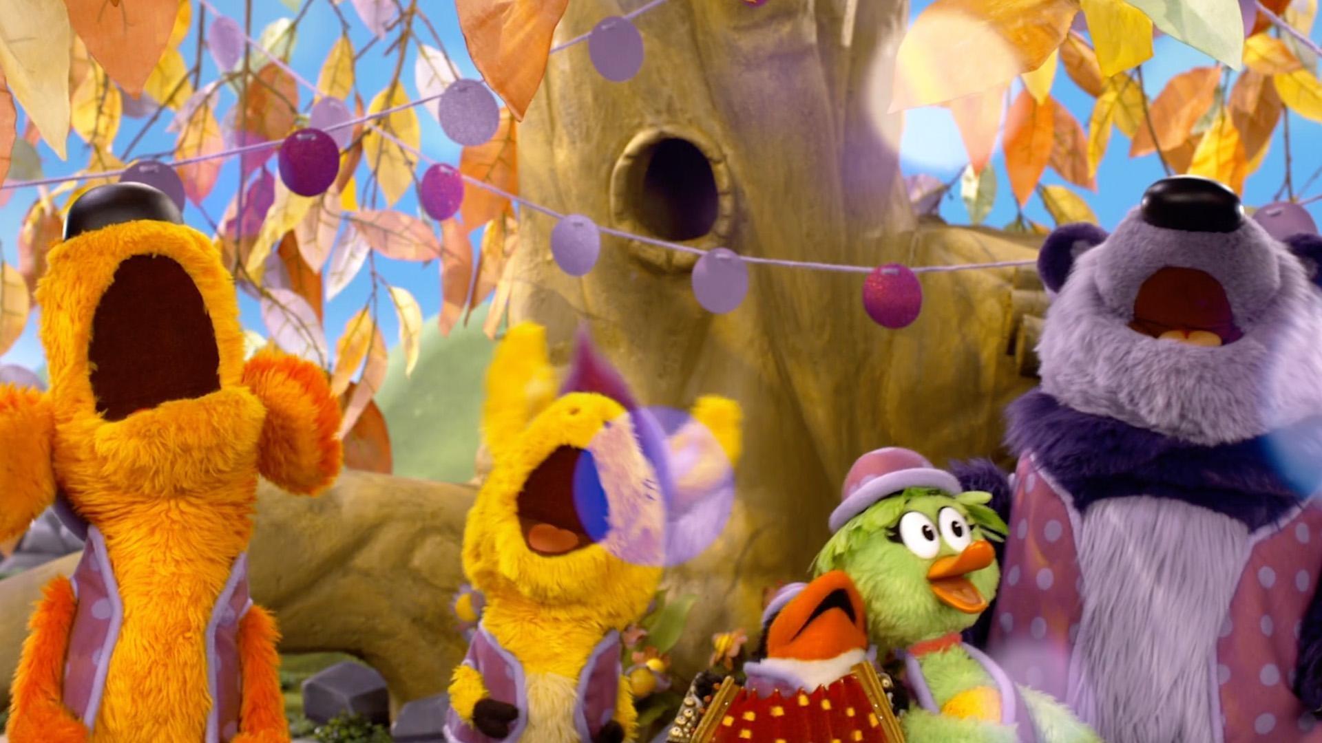 The pals throw a Purple Polka Dot Polka party in Someplace Else for Panda.