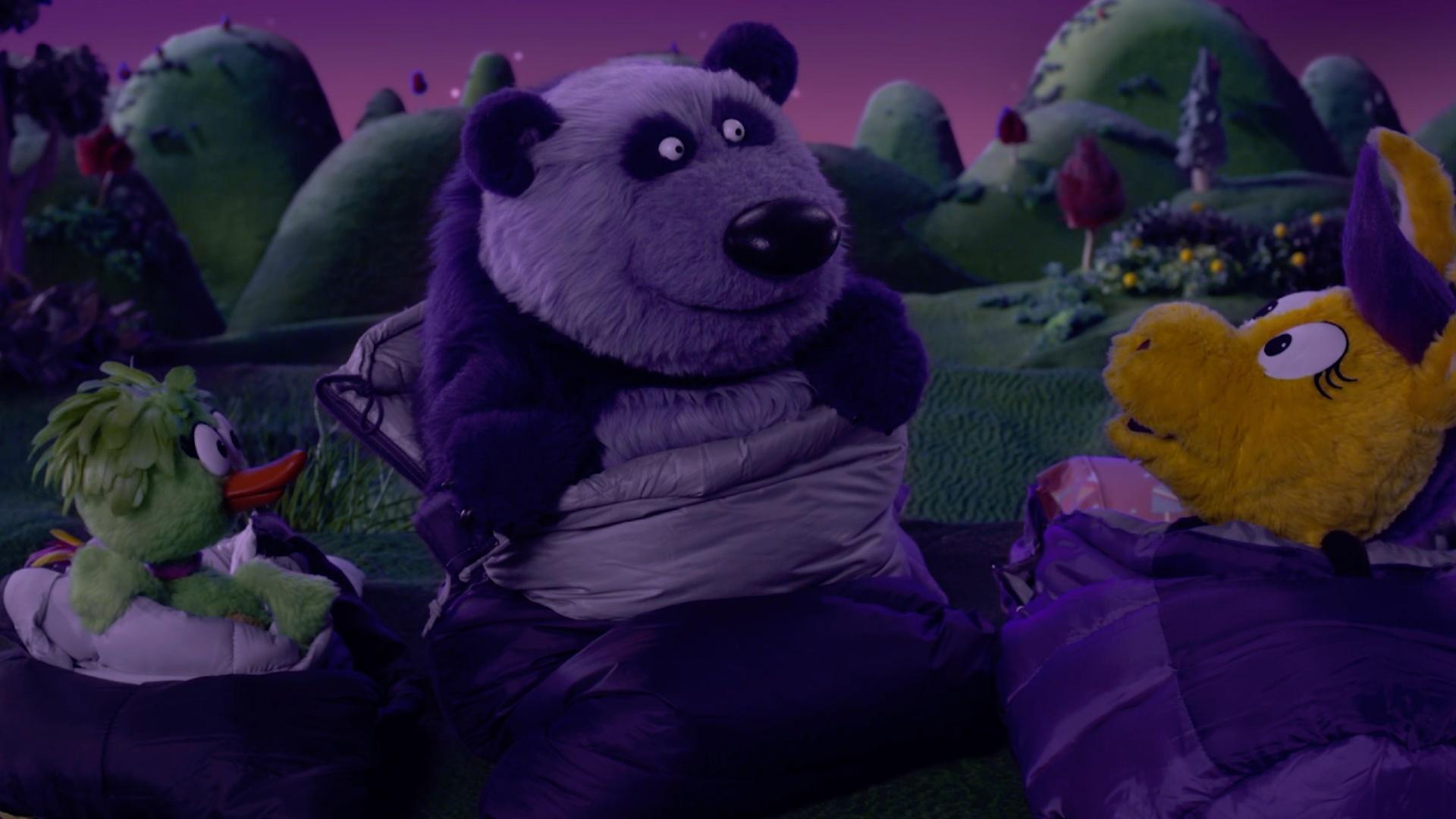 Donkey sleeps outside for the first time./Panda forgets his poetry notebook at Donkey's.