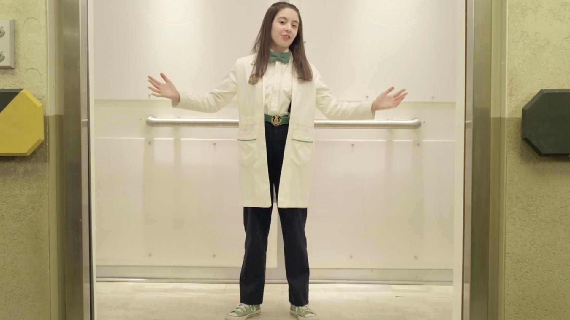 Oona gives a guided tour of the Odd Squad elevator.