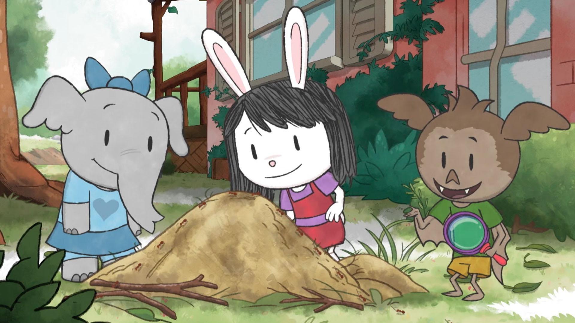 Elinor, Ari, and Olive bring the magnifying glass outside to follow and observe some ants!