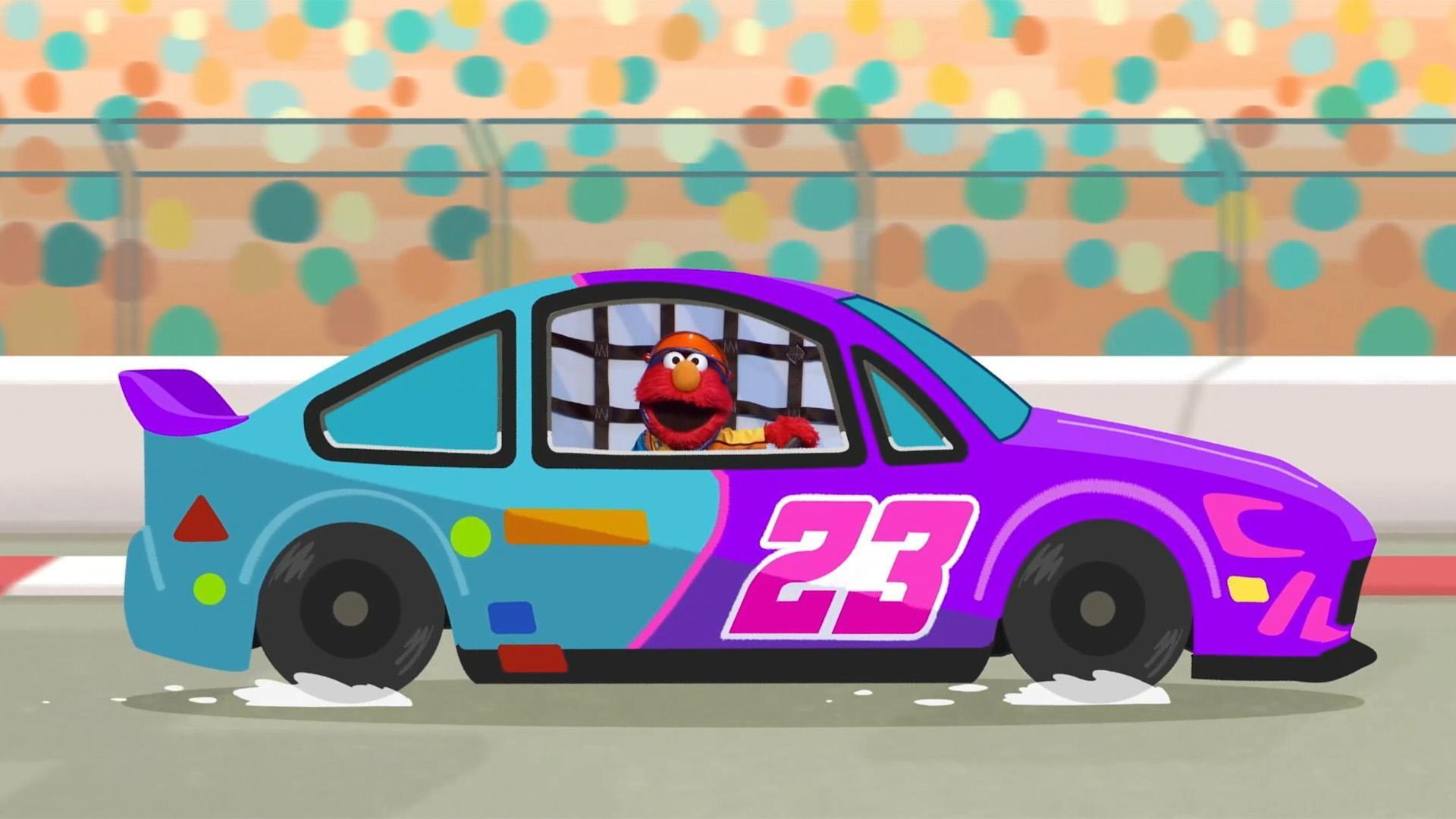 Elmo tries to win a race without eating his sandwich while Cookie Monster tries to eat it.