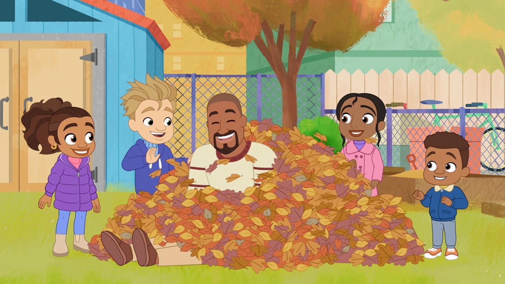 Alma and friends put all their leaves together to make one big pile to jump into.