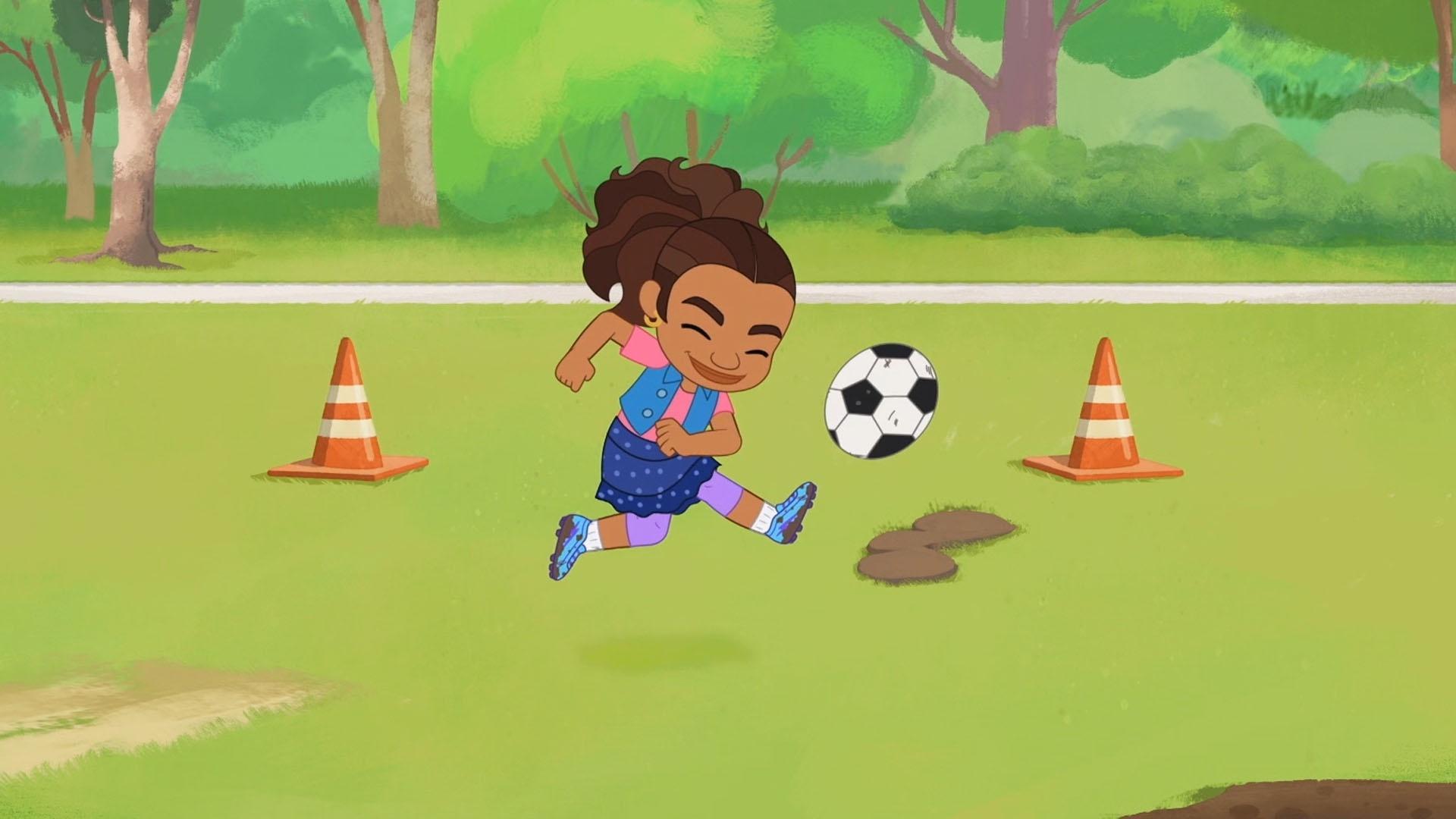 Alma stops worrying about getting her new shoes dirty, and plays soccer with her friends.
