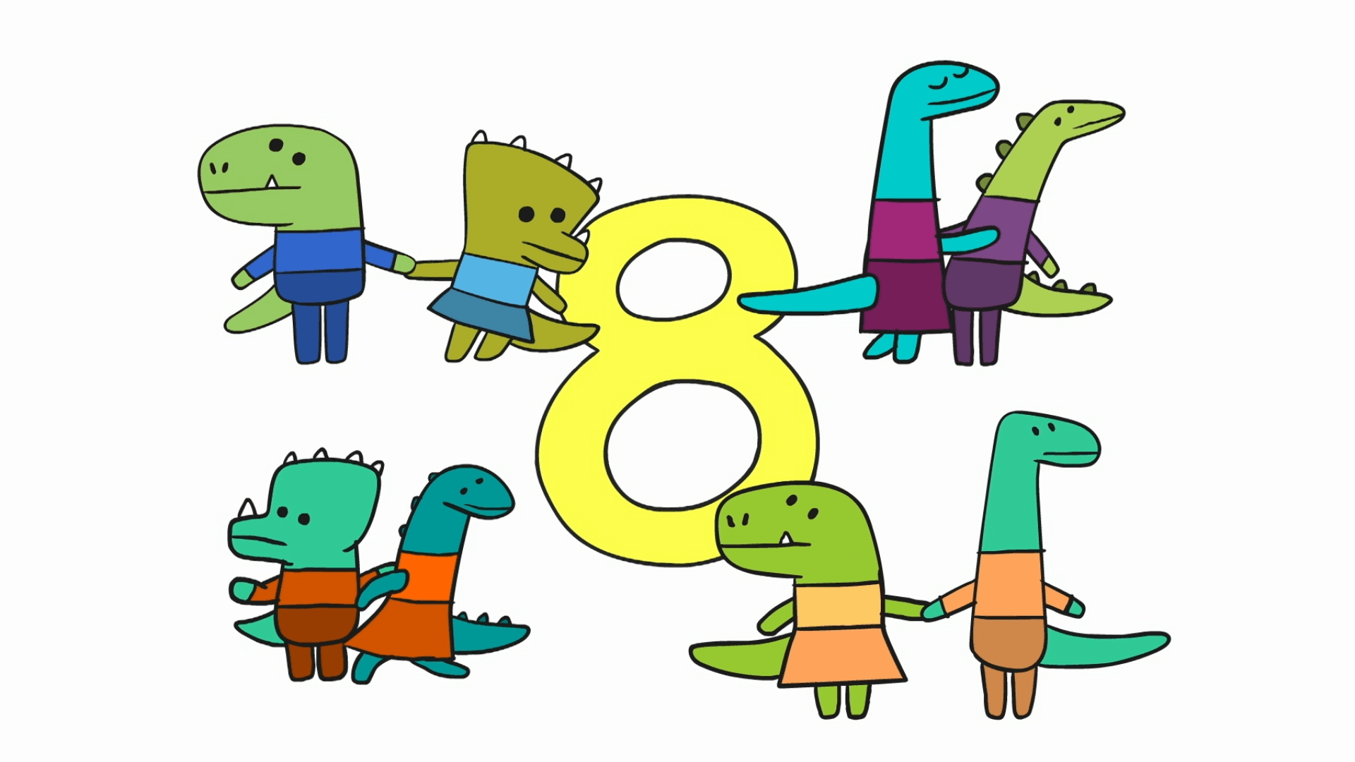Let's count 8 dancing dinosaurs as they compete in a dance competition!