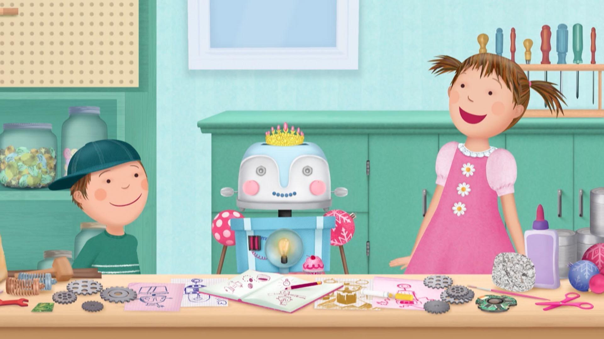 Pinkalicious and Peter are building their own robot out of things from around the house.
