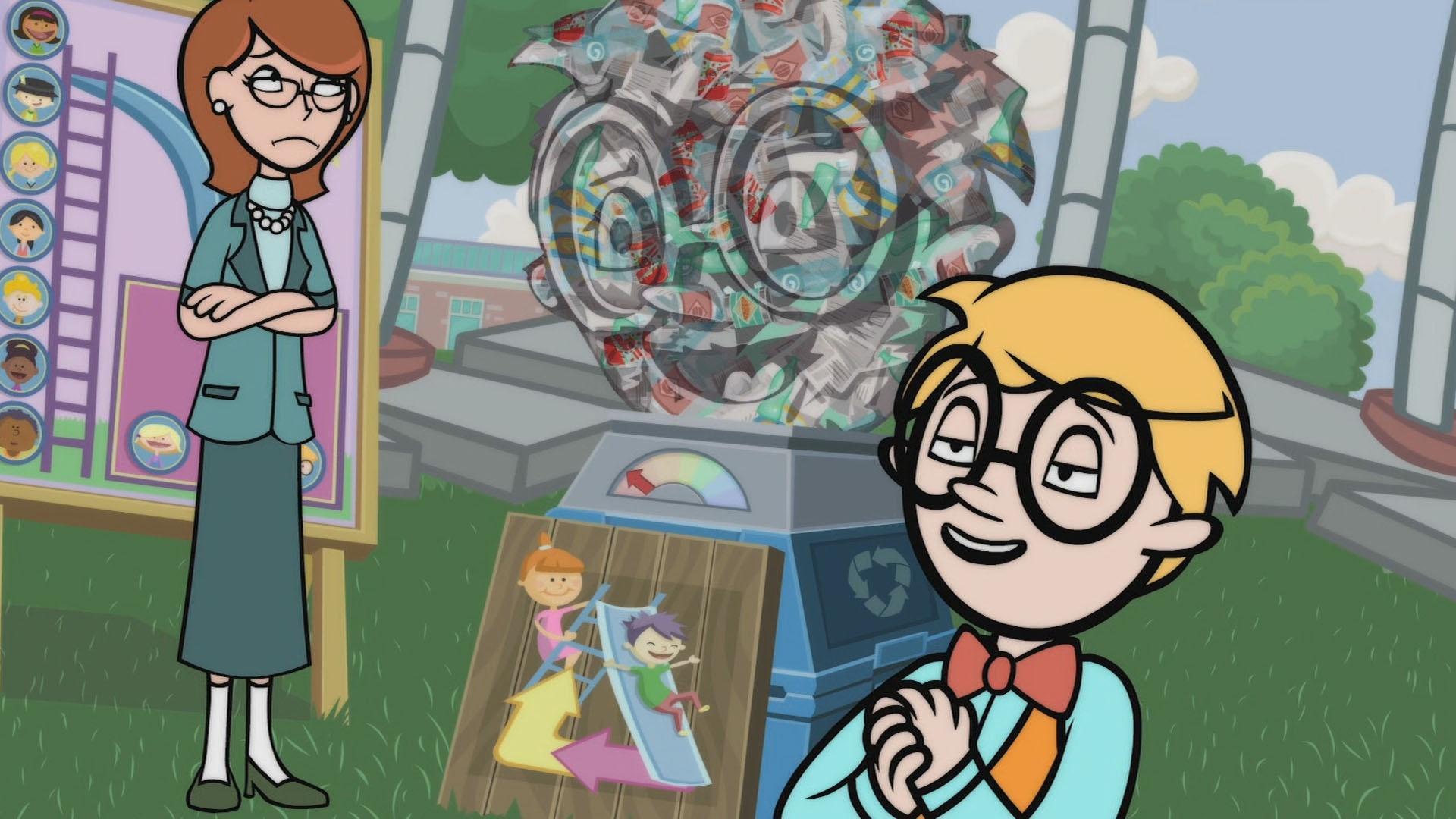 Becky and Tobey's class have a recycling competition, but Tobey uses his robots.
