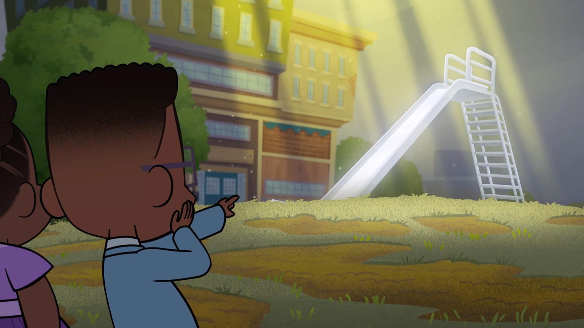 Jay slides down the big slide and then tries to avoid getting dirty but falls in a puddle