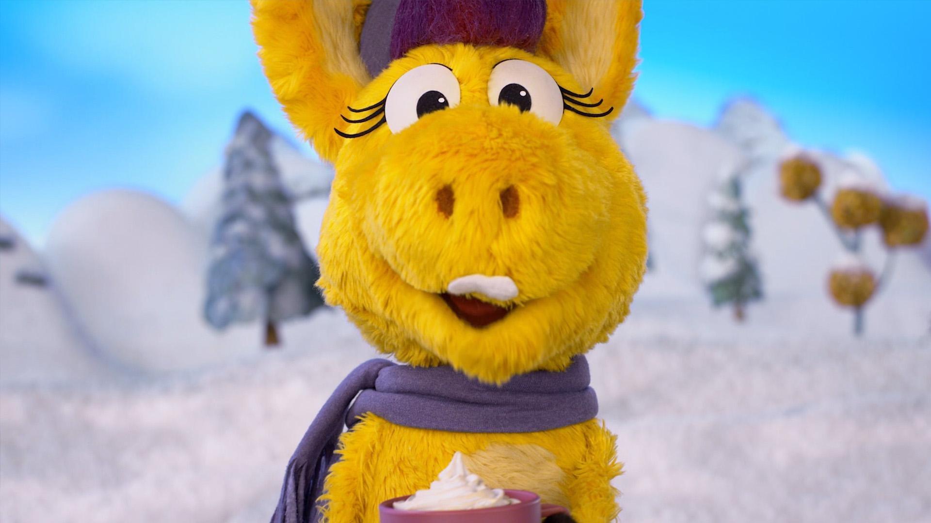 Donkey and Duck Duck drink delicious hot cocoa, but Panda prefers a hot Banana Schmoopsie.