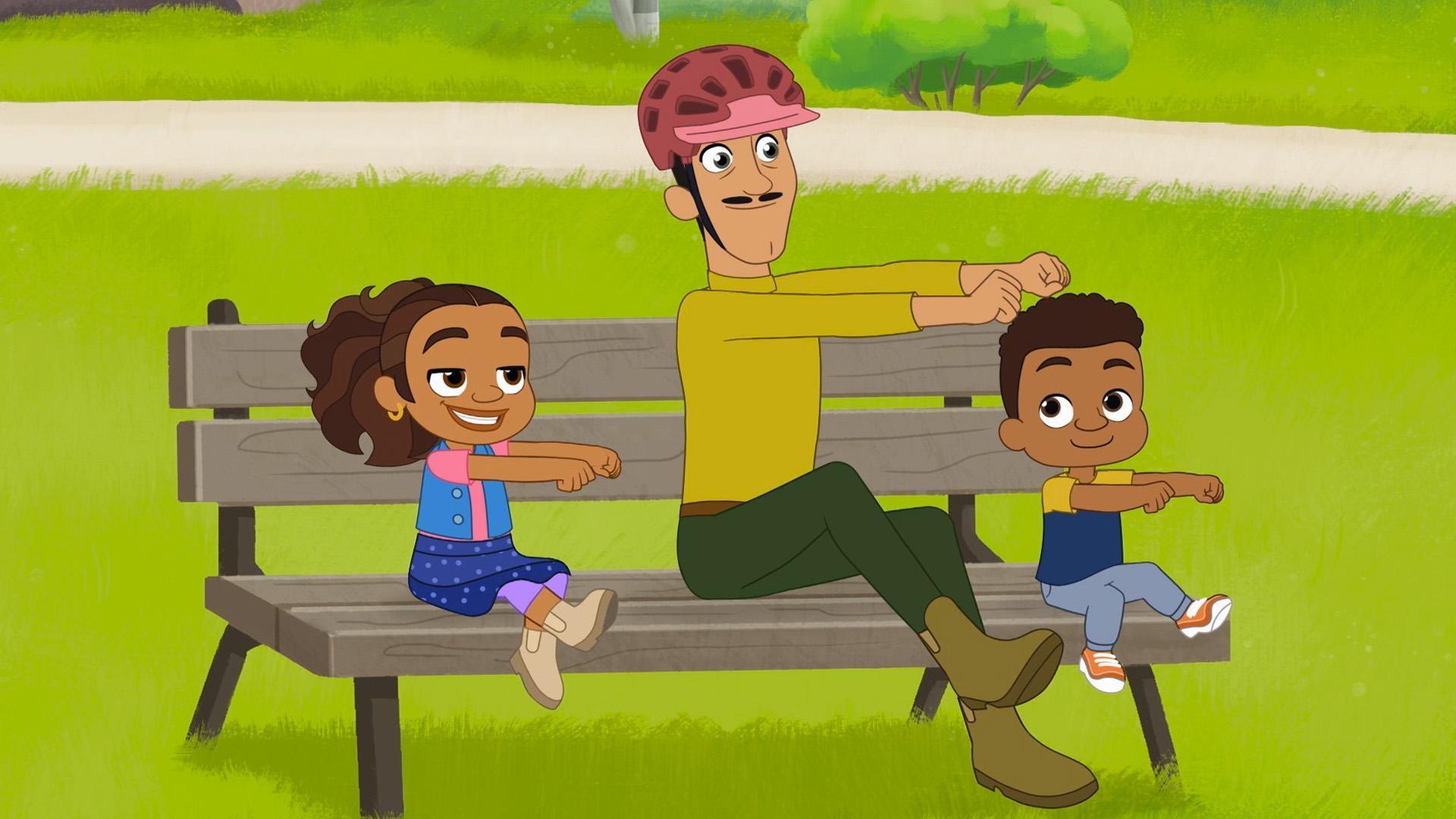 Alma, Junior and Nestor sing a tune about peddling to prepare for a bike riding lesson.