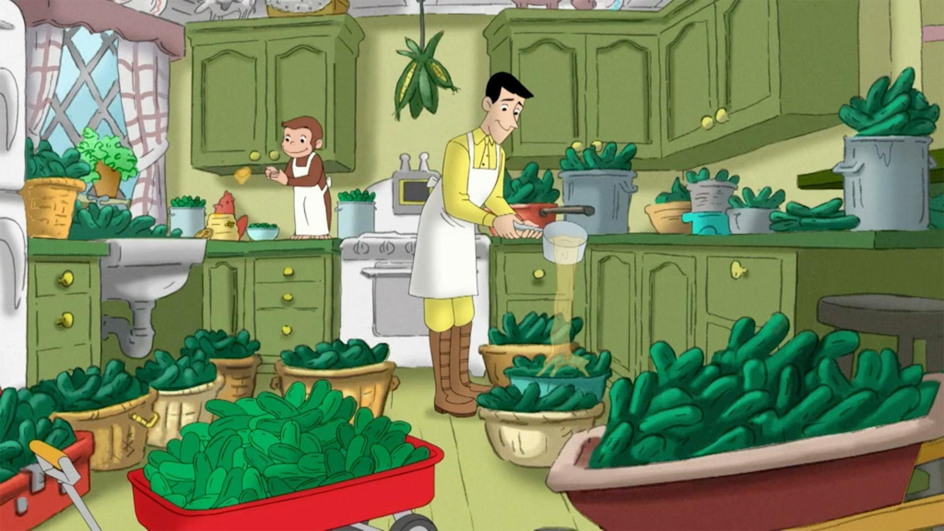 George learns how to turn cucumbers into pickles. / George visits astronomer Mr. Griggs.