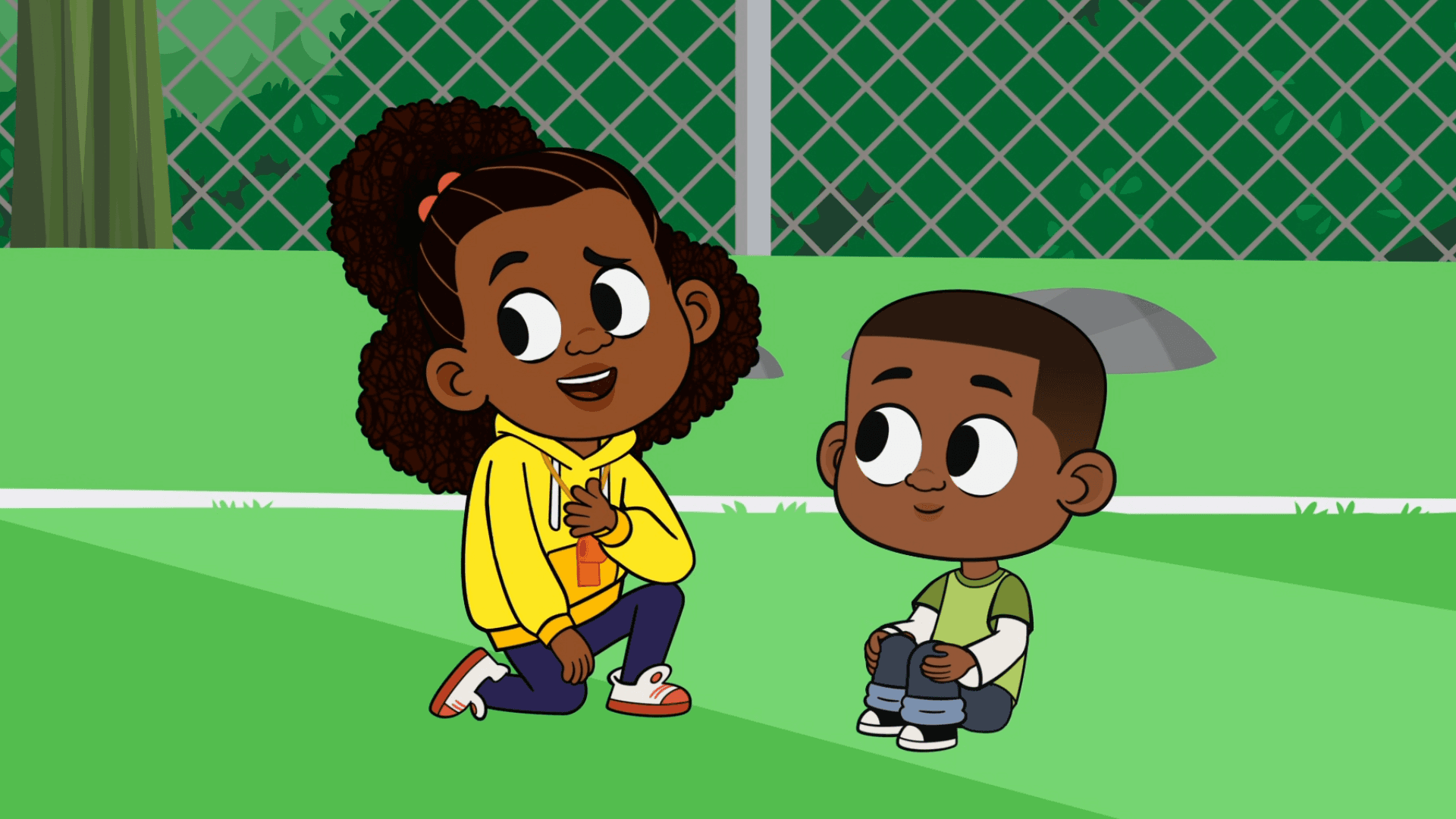 Luke falls playing animal-tag. Lyla helps him try again.