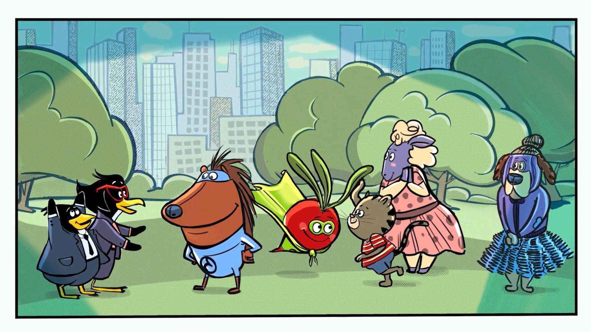 Donkey Hodie reads a comic book about her favorite superheroes and their bouncy foe.