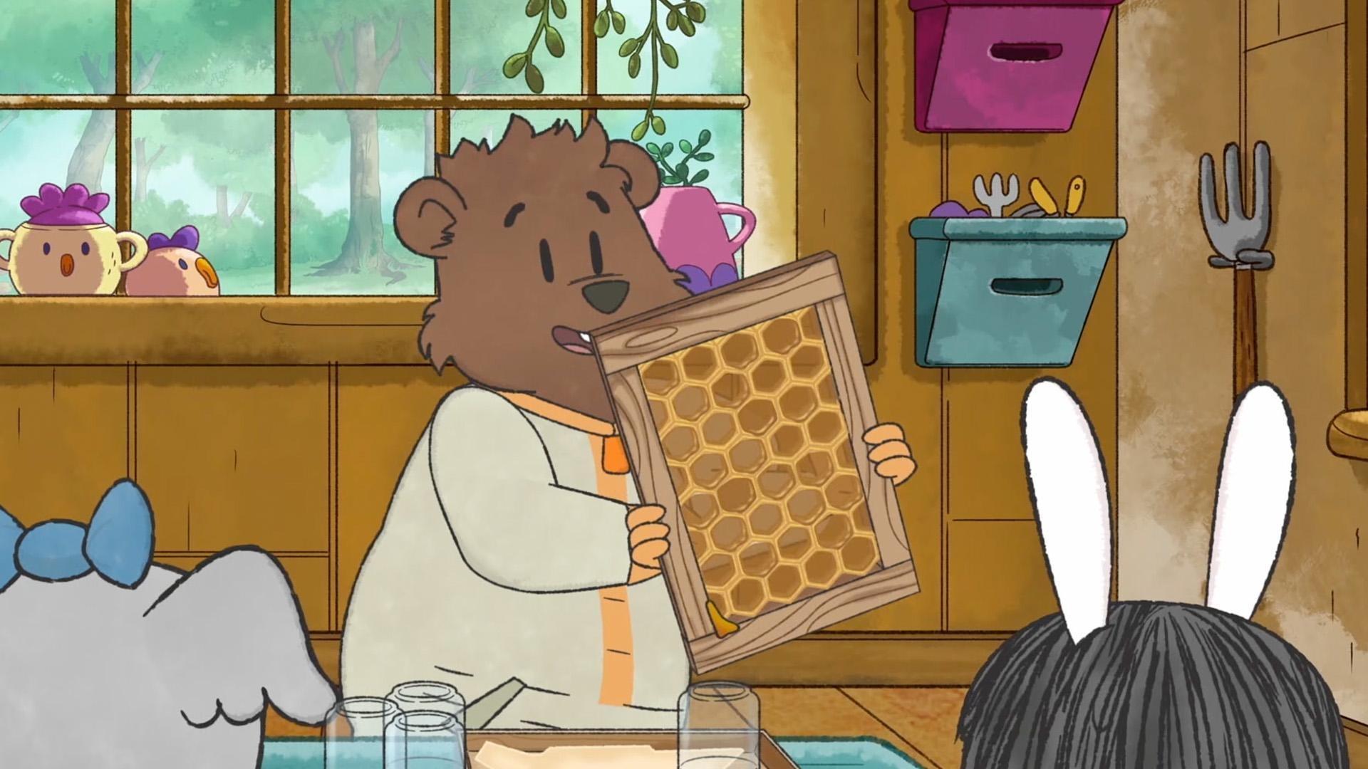 The kids visit the farm's apiary where they learn how bees make honey and wax.