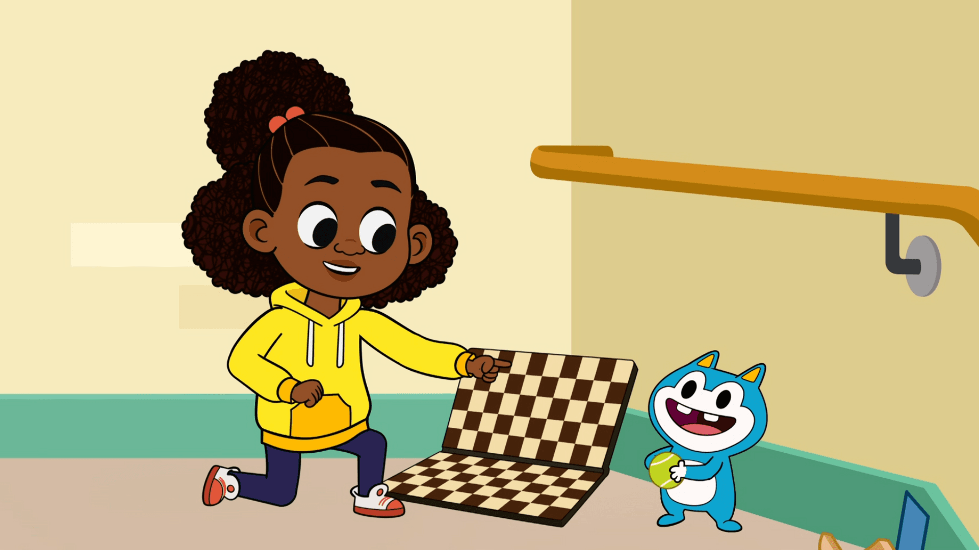 Lyla, Everett, Stu, and Luke test ways to make a ball land in a backpack downstairs.