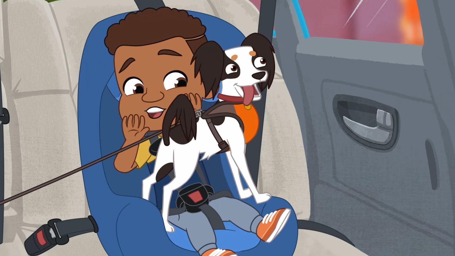 While driving, Alma, Junior, and Mami rap about going to a new playground. Chacho barks.