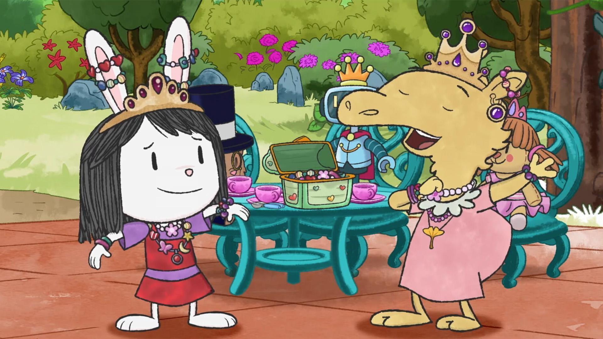 Camilla and Elinor get ready for a very fancy tea party, complete with costume jewelry!