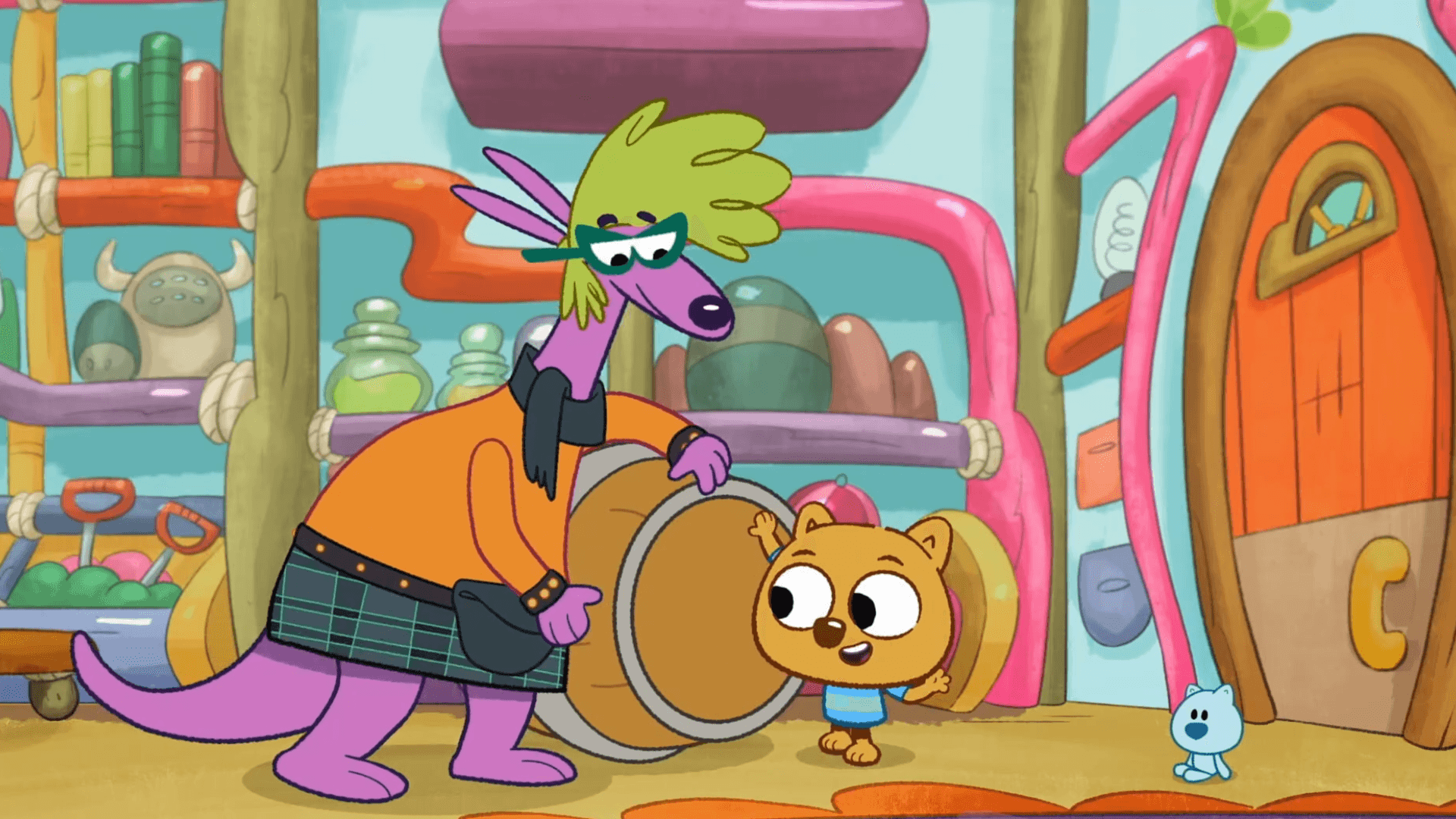 Leiko teaches the Wombats a pattern to play using the taiko drum.