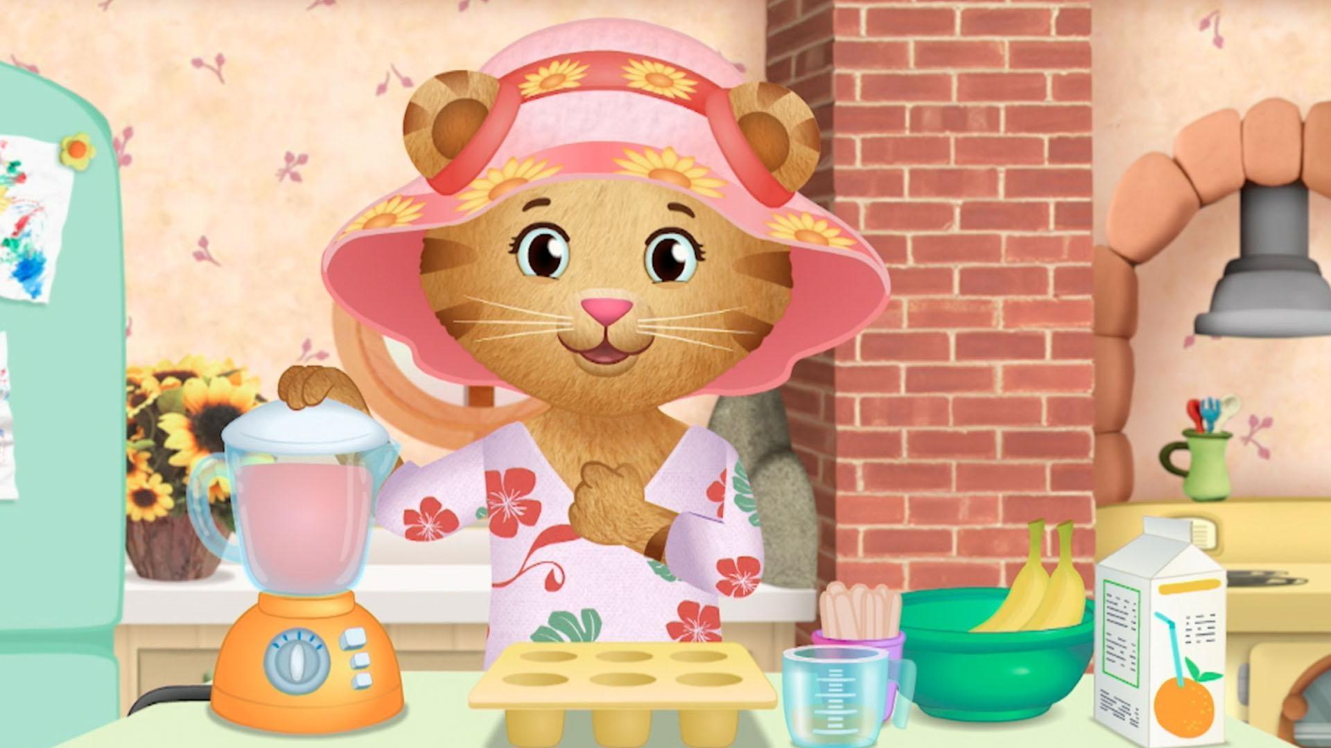 Mom Tiger makes Daniel and Margaret a strawberry-banana ice treat on a hot day.