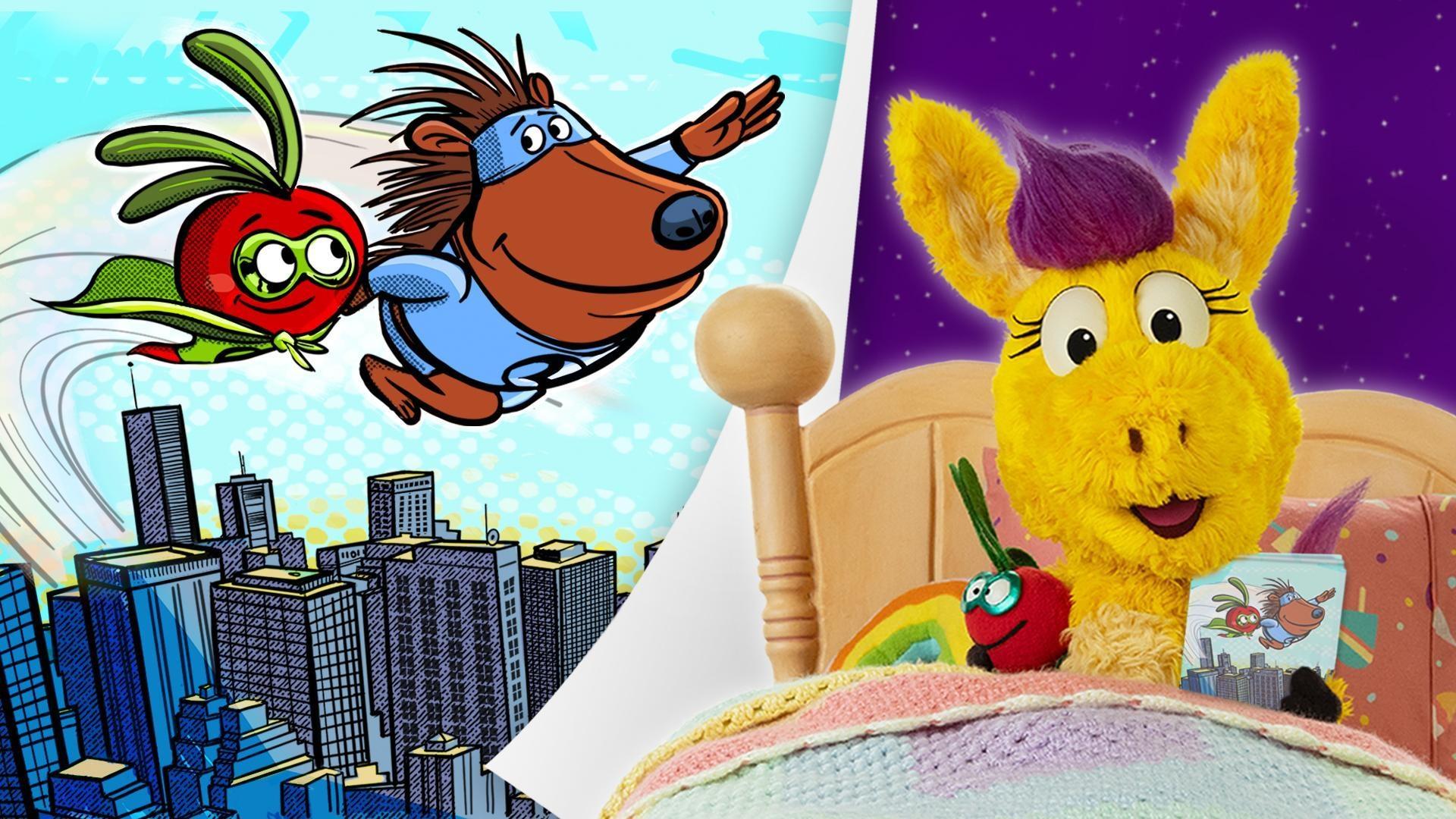 Donkey Hodie reads a comic book about her favorite superheroes and their bouncy foe.