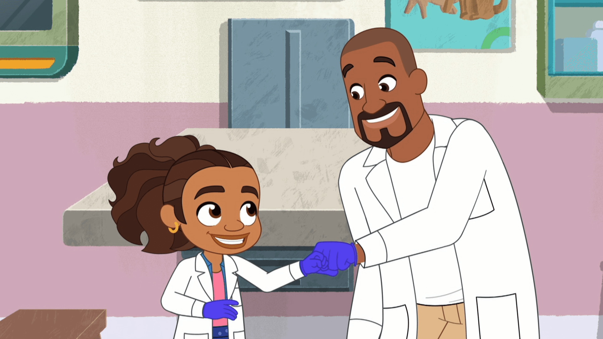 When Buck the dog can't stop sneezing Alma and Papi give him an exam at the animal clinic.