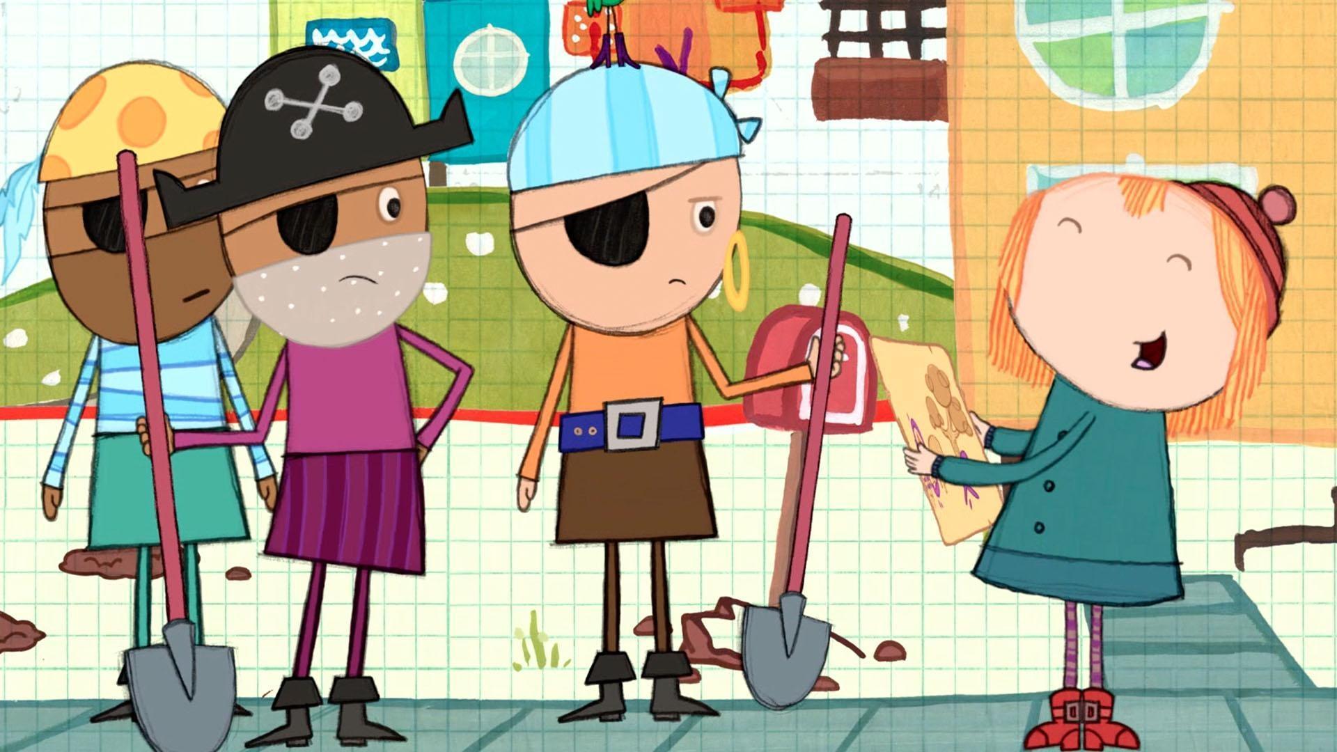 The Pirates' treasure map leads toward a treasure buried under Peg and Cat's tree.