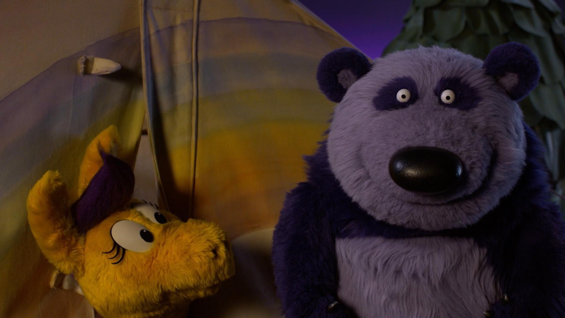 Donkey hopes that Panda's 'Hey-o's will be quieter from inside the tent.