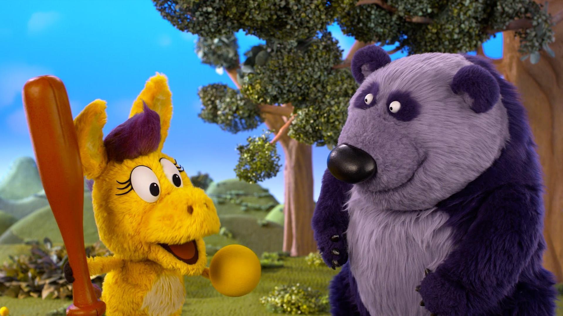 Panda learns that he can still play baseball without his normal purple bat and ball.